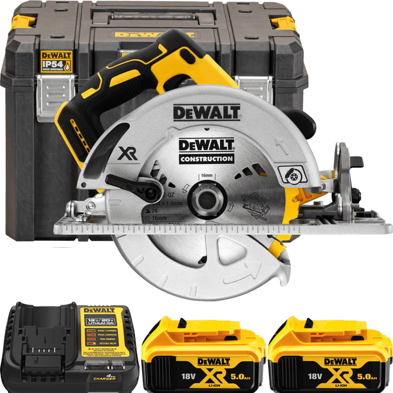 DEWALT 18V XR Aku kotúčová píla 184 mm so základňou pre lištu, 2x 5,0 Ah DCS572P2-QW