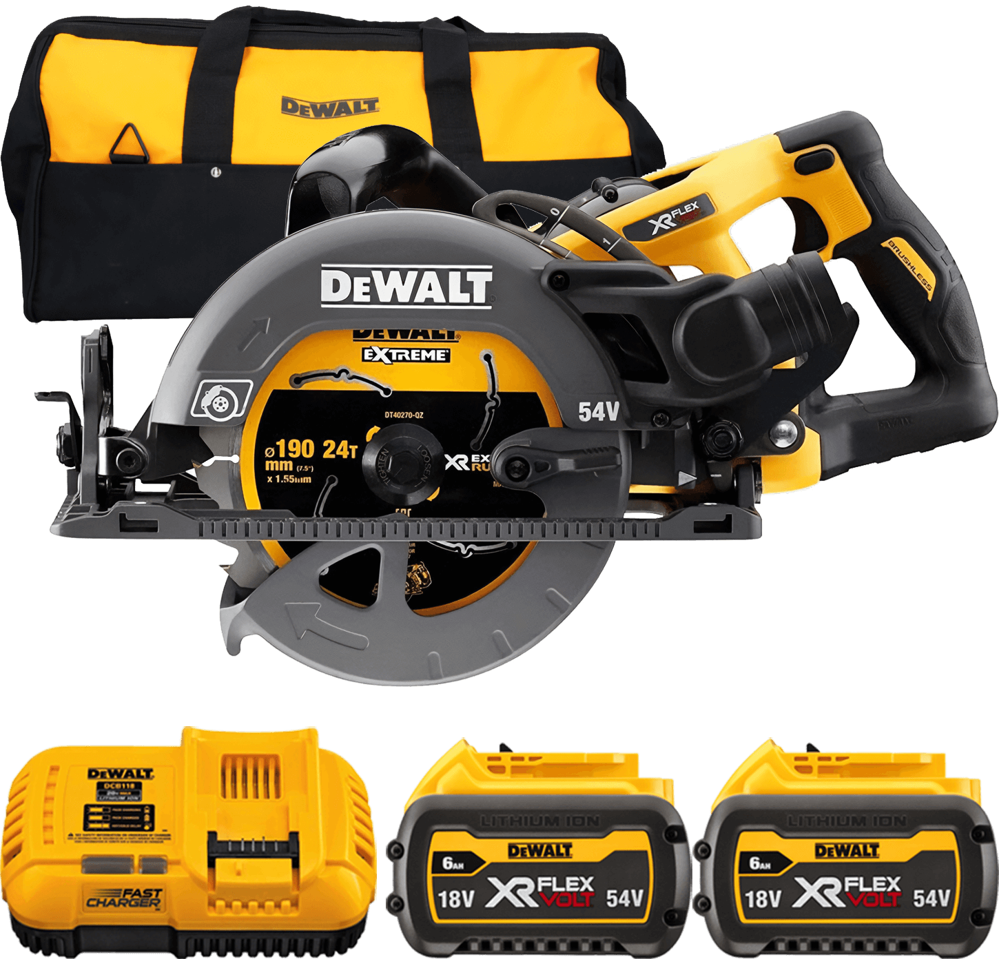 DEWALT 54V XR FLEXVOLT Aku kotúčová píla 190 mm, 2x 6,0 Ah DCS577T2-QW