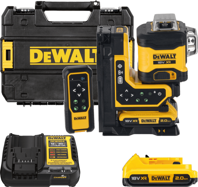 DEWALT 18V XR 3 x 360° zelený laser s diaľkovým ovládaním, 1x 2,0 Ah DCLE34035D1-QW