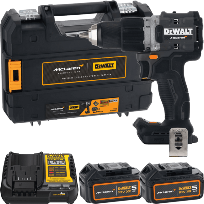 DEWALT | McLaren 18V XR Aku vŕtačka s príklepom, 2x 5,0 Ah DCD85MP2T-QW