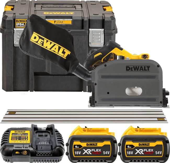 DEWALT 54V XR FLEXVOLT™ Aku ponorná kotúčová píla 165 x 20 mm + 1,5 m lišta, 2x 6,0 Ah DCS520T2R-QW