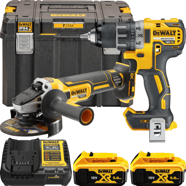 DEWALT 18V XR Aku sada vŕtačky DCD791 a uhlovej brúsky 125mm DCG405, 2x 5,0 Ah DCK2020P2T-QW