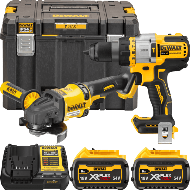 DEWALT 18V/54V XR Aku sada vŕtačky DCD999 a uhlovej brúsky DCG418, 2x 6,0 Ah DCK2016T2T-QW